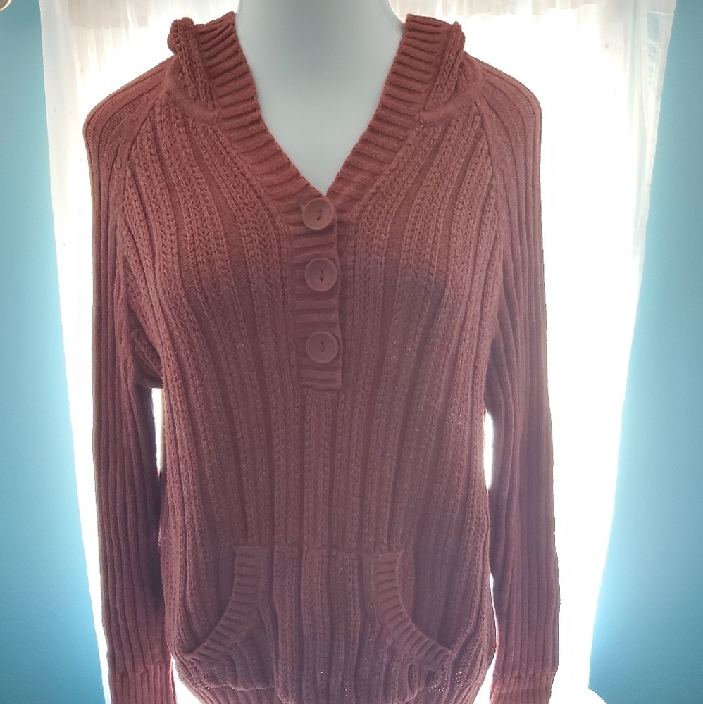 Women's rust hooded v-neck sweater